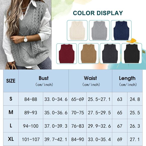 Womens V Neck Oversized Cable Knit Light Grey Sweater Vest Sleeveless Pullover - Picture 6 of 7